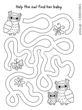 Forest animals black and white maze for children with mother owl, baby owlet. Line labyrinth game with wild birds. Woodland printable activity, coloring page, worksheet with parent, kid, butterfly Forest animals black and white maze for children with mother owl, baby owlet. Line labyrinth game with wild birds. Woodland printable activity, coloring page, worksheet with parent, kid, butterfly 140654901