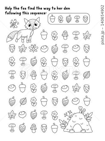 Forest black and white maze, logical game. Attention skills line puzzle, printable activity with woodland animal, hill house. Logical searching puzzle. Follow sequence of elements to help fox find Forest black and white maze, logical game. Attention skills line puzzle, printable activity with woodland animal, hill house. Logical searching puzzle. Follow sequence of elements to help fox find 140654902