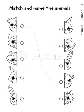 Forest black and white matching activity with cute animal muzzles. Woodland line puzzle with face halves. Match objects game, coloring page. Wildlife printable worksheet with bear, fox, raccoon Forest black and white matching activity with cute animal muzzles. Woodland line puzzle with face halves. Match objects game, coloring page. Wildlife printable worksheet with bear, fox, raccoon 140654903
