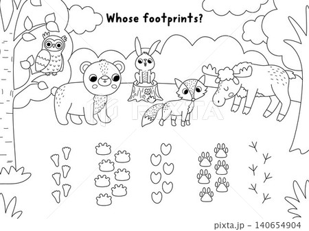 Forest matching black and white activity with animals, birds, footprints. Woodland line puzzle with bear, elk, fox, hare, owl. Match object game, coloring page with foot prints. Wildlife printable Forest matching black and white activity with animals, birds, footprints. Woodland line puzzle with bear, elk, fox, hare, owl. Match object game, coloring page with foot prints. Wildlife printable 140654904