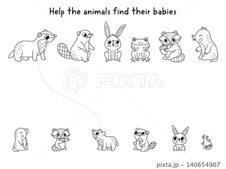 Forest black and white matching activity with animals, babies. Woodland line puzzle with badger, mole, beaver, raccoon. Match object game, coloring page with parents and children 140654907