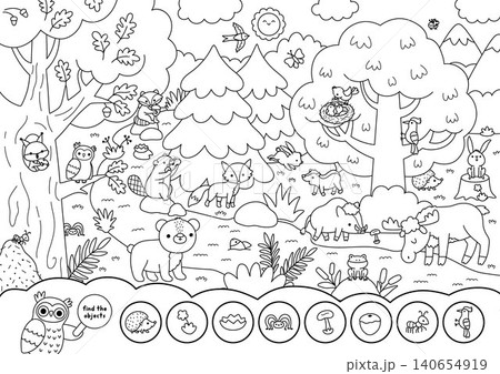 Vector black and white searching game with forest landscape. Spot hidden objects. Woodland line seek and find activity for kids. Wild nature worksheet, coloring page with animals, trees, bear, fox Vector black and white searching game with forest landscape. Spot hidden objects. Woodland line seek and find activity for kids. Wild nature worksheet, coloring page with animals, trees, bear, fox 140654919