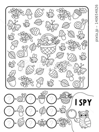 Forest black and white I spy game for kids. Searching and counting line activity with woodland symbol. Wildlife printable worksheet, coloring page. Spotting puzzle with basket, mushrooms, bumblebee Forest black and white I spy game for kids. Searching and counting line activity with woodland symbol. Wildlife printable worksheet, coloring page. Spotting puzzle with basket, mushrooms, bumblebee 140654926
