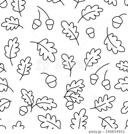 Vector black and white seamless pattern with oak tree leaves and acorns. Cartoon woodland flora digital paper. Natural repeat background with forest plants. Simple line woods texture, coloring page Vector black and white seamless pattern with oak tree leaves and acorns. Cartoon woodland flora digital paper. Natural repeat background with forest plants. Simple line woods texture, coloring page 140654931