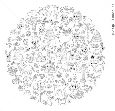 Forest animals black and white round set for kids. Vector woodland birds, insects, trees, plants collection. Cute bear, fox, deer, squirrel line illustration, coloring page framed in circle Forest animals black and white round set for kids. Vector woodland birds, insects, trees, plants collection. Cute bear, fox, deer, squirrel line illustration, coloring page framed in circle 140654933