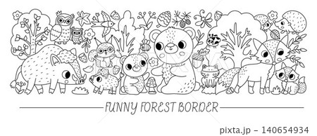 Forest animals black and white mother and baby horizontal set for kids. Vector woodland birds, trees, plants line collection, coloring page with boar, bear, fox, owl. Cartoon woods card template Forest animals black and white mother and baby horizontal set for kids. Vector woodland birds, trees, plants line collection, coloring page with boar, bear, fox, owl. Cartoon woods card template 140654934