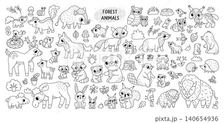 Vector black and white set with forest animals and their kids. Woodland mother and baby collection. Cartoon children, family pack. Cute bear, fox, deer, squirrel, lynx line clipart, coloring page Vector black and white set with forest animals and their kids. Woodland mother and baby collection. Cartoon children, family pack. Cute bear, fox, deer, squirrel, lynx line clipart, coloring page 140654936