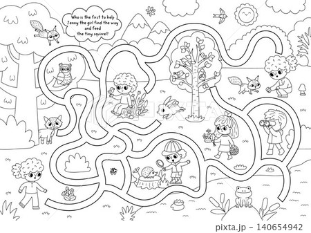 Forest animals black and white maze for children with nature scene, girl going to feed squirrel. Line labyrinth game. Woodland printable activity, coloring page, worksheet with kids explorers Forest animals black and white maze for children with nature scene, girl going to feed squirrel. Line labyrinth game. Woodland printable activity, coloring page, worksheet with kids explorers 140654942
