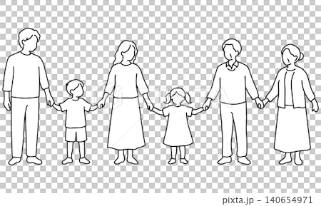 一家三代並肩而立，手牽手：父母、孩子和祖父母。一幅象徵親情的線條畫。 140654971