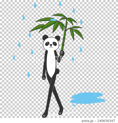A flat illustration of a panda walking in the rain with a bamboo leaf as an umbrella. A flat illustration of a panda walking in the rain with a bamboo leaf as an umbrella. 140656347