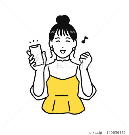 スマートフォンを持って喜ぶまとめ髪の若い女性 スマートフォンを持って喜ぶまとめ髪の若い女性 140656581
