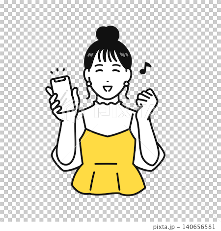 スマートフォンを持って喜ぶまとめ髪の若い女性 スマートフォンを持って喜ぶまとめ髪の若い女性 140656581