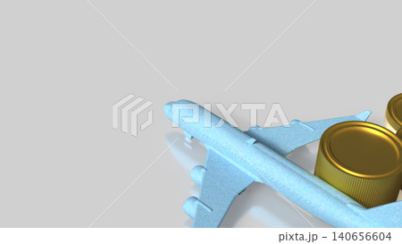 Blue Passenger Airplane With Gold Coins Travel Finance Concept 3d render. 140656604