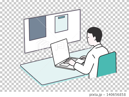 Illustration of a doctor/researcher entering electronic medical records and data into a computer. Illustration of a doctor/researcher entering electronic medical records and data into a computer. 140656858