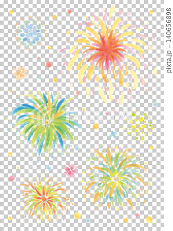 水彩手描きのカラフルな花火のイラスト-縦型白背景 140656898