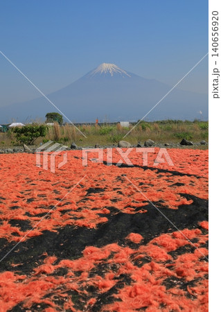 天日干しの桜エビのピンク色に映える富士山の風景 天日干しの桜エビのピンク色に映える富士山の風景 140656920