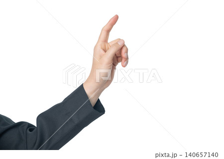 Cropped shot view of woman left hand trying to touching somethings isolated with white background. 140657140