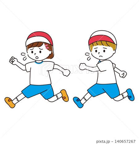 汗をかきながら走る困り顔の体操着の男の子と女の子のイラスト 汗をかきながら走る困り顔の体操着の男の子と女の子のイラスト 140657267