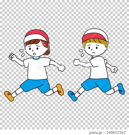 汗をかきながら走る困り顔の体操着の男の子と女の子のイラスト 汗をかきながら走る困り顔の体操着の男の子と女の子のイラスト 140657267