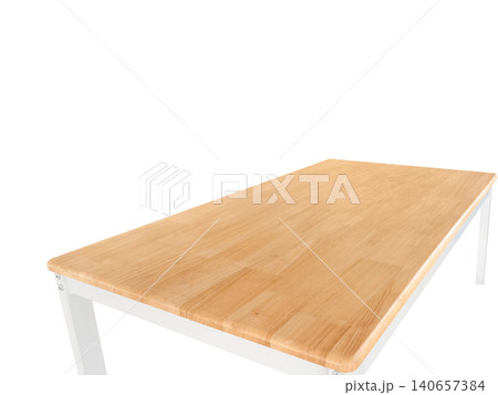 A side view of a wooden table with white iron legs, against a white background. 140657384