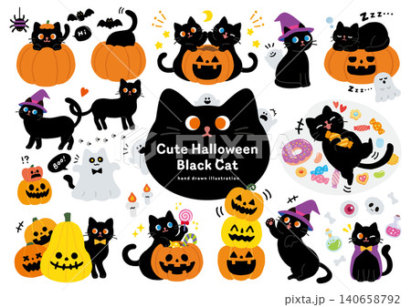 ハロウィンのかわいい黒猫イラスト素材セット ハロウィンのかわいい黒猫イラスト素材セット 140658792