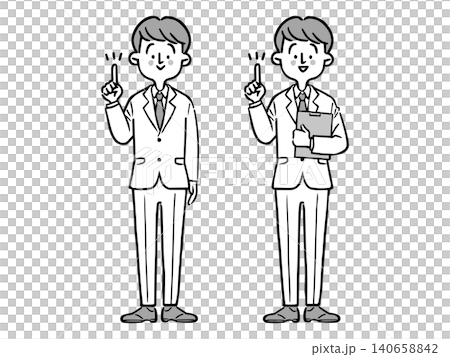 Male office worker explaining points (full body, vector, monochrome) Male office worker explaining points (full body, vector, monochrome) 140658842