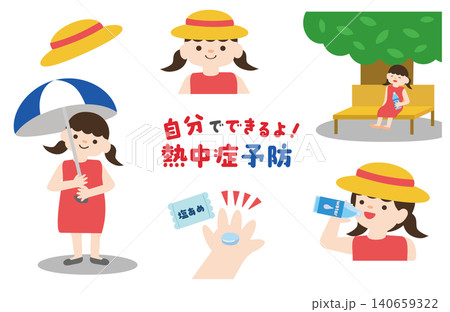 子供が自分でできる熱中症予防のポイントセット｜子供,熱中症予防,水分補給,帽子（女の子） 140659322