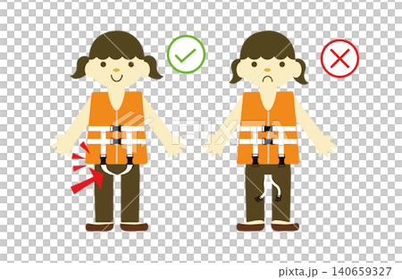 Illustration of a child (girl) correctly wearing a life jacket, specifically how to properly fasten the crotch strap. Illustration of a child (girl) correctly wearing a life jacket, specifically how to properly fasten the crotch strap. 140659327