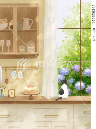 窓辺でアジサイを眺める猫と木漏れ日の差し込むキッチンイラスト 140659346