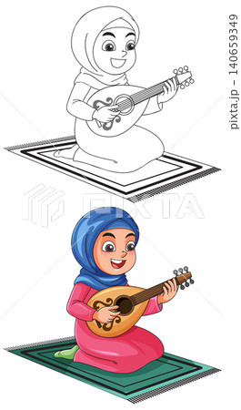 Muslim Girl Playing Oud Instrument on Prayer Mat Vector Illustration Muslim Girl Playing Oud Instrument on Prayer Mat Vector Illustration 140659349