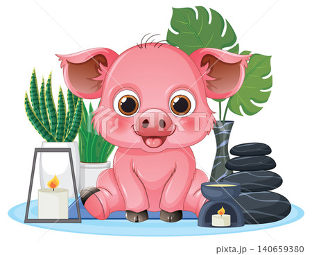 Cute Cartoon Piglet Relaxing in a Spa with Tropical Plants 140659380