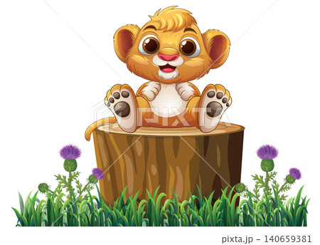 Cute Cartoon Lion Cub Sitting on a Tree Stump in Grass Cute Cartoon Lion Cub Sitting on a Tree Stump in Grass 140659381