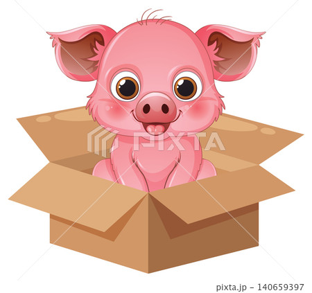 Cute Pink Cartoon Piglet Sitting Inside an Open Cardboard Box Cute Pink Cartoon Piglet Sitting Inside an Open Cardboard Box 140659397