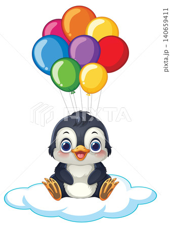 Cute Cartoon Penguin Floating on Cloud with Colorful Balloons Cute Cartoon Penguin Floating on Cloud with Colorful Balloons 140659411