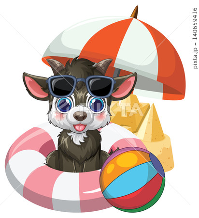 Cartoon Goat Character with Sunglasses and Beach Accessories Vector Illustration 140659416