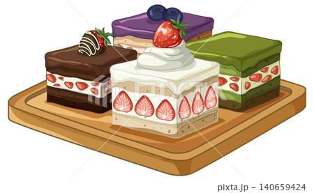 Assorted Gourmet Cake Slices with Fresh Fruit Toppings on Wooden Board Assorted Gourmet Cake Slices with Fresh Fruit Toppings on Wooden Board 140659424