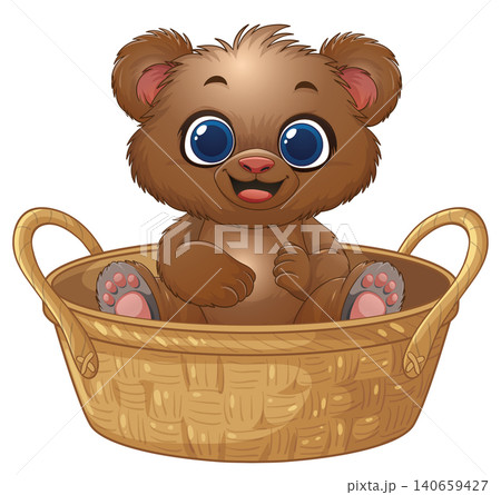 Adorable Brown Bear Cub Sitting in a Woven Wicker Basket Illustration Adorable Brown Bear Cub Sitting in a Woven Wicker Basket Illustration 140659427