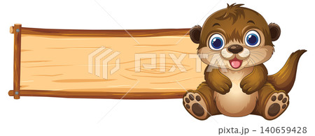 Cute Cartoon Otter Sitting Beside Blank Wooden Signboard Illustration 140659428