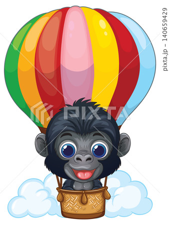 Cartoon Baby Gorilla Flying in a Colorful Hot Air Balloon Cartoon Baby Gorilla Flying in a Colorful Hot Air Balloon 140659429