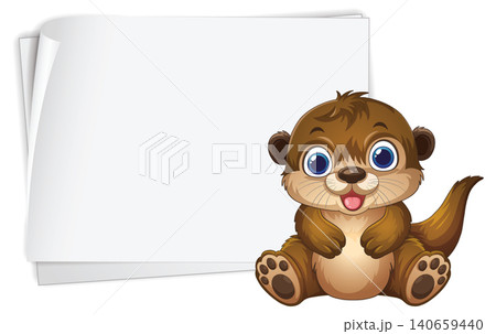 Cute Cartoon Otter Character Sitting Next to Blank White Paper Cute Cartoon Otter Character Sitting Next to Blank White Paper 140659440
