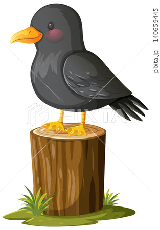 Cartoon Black Bird Perched on Tree Stump Cartoon Black Bird Perched on Tree Stump 140659445