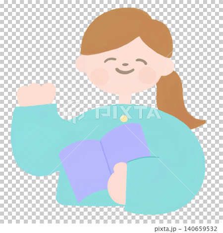 一幅北歐風格的插畫,描繪了一位手持書籍揮手的女子。 一幅北歐風格的插畫,描繪了一位手持書籍揮手的女子。 140659532