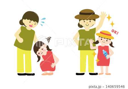 酷暑による熱中症で体調を崩してしゃがみ込む女の子と、帽子と水分補給で対策・予防する親子のイラストセッ 140659546