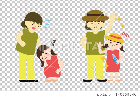 酷暑による熱中症で体調を崩してしゃがみ込む女の子と、帽子と水分補給で対策・予防する親子のイラストセッ 140659546