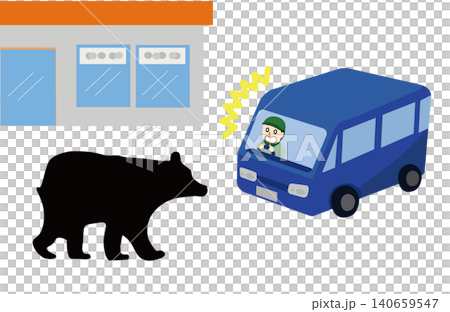 店舗の駐車場に現れたクマと遭遇するドライバー 商業施設での熊出没イラスト 140659547