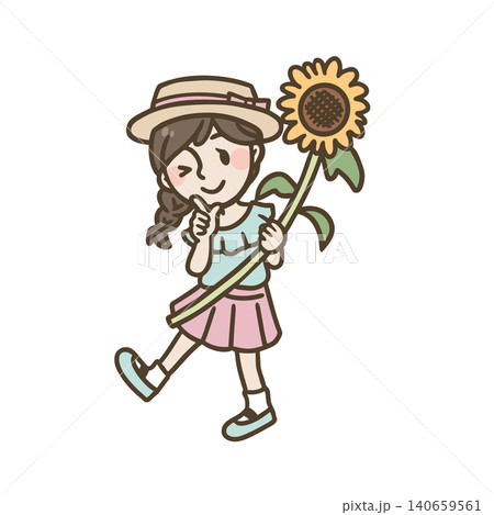 ひまわりと笑顔の女の子 夏休みイメージイラスト 140659561