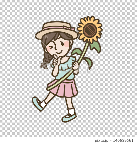 ひまわりと笑顔の女の子 夏休みイメージイラスト 140659561