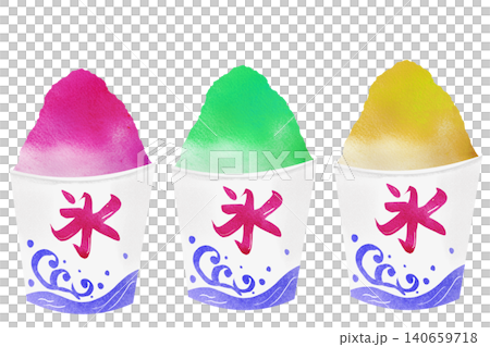 手描きの祭屋台のかき氷セット　いちご　メロン　レモン 140659718