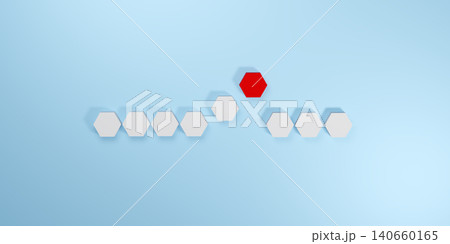 Minimalist 3D render of a red hexagon block rising above a row of white hexagon shapes on a light blue background, representing leadership, uniqueness, and standing out from the crowd. 140660165