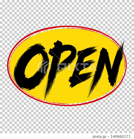 OPEN / Yellow oval, black text, brush lettering, handwritten, open POP material OPEN / Yellow oval, black text, brush lettering, handwritten, open POP material 140660171